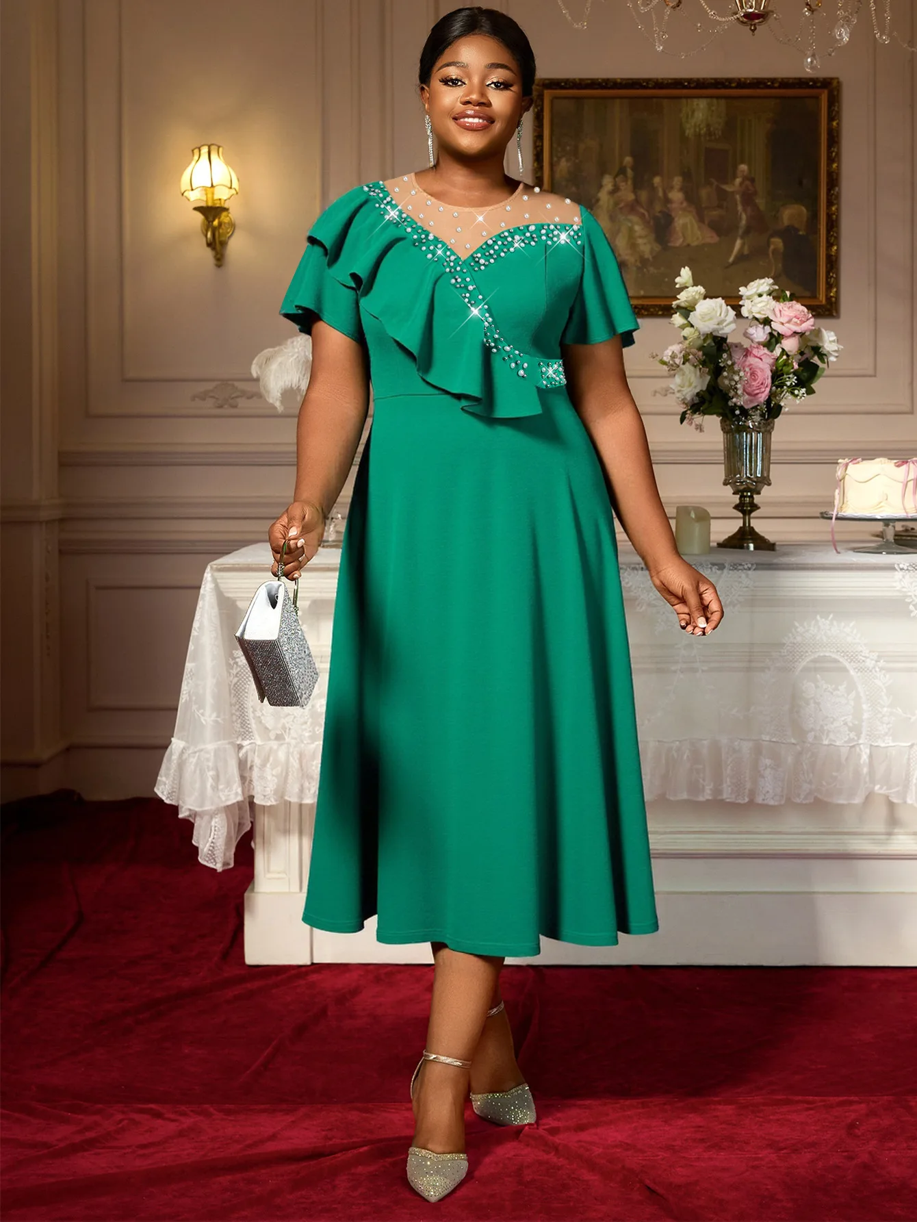 

Elegant Plate-size Women's Dress Ruffled Short-Sleeved Mesh Patchwork Rhinestone A-Line Exquisite And Fashionable
