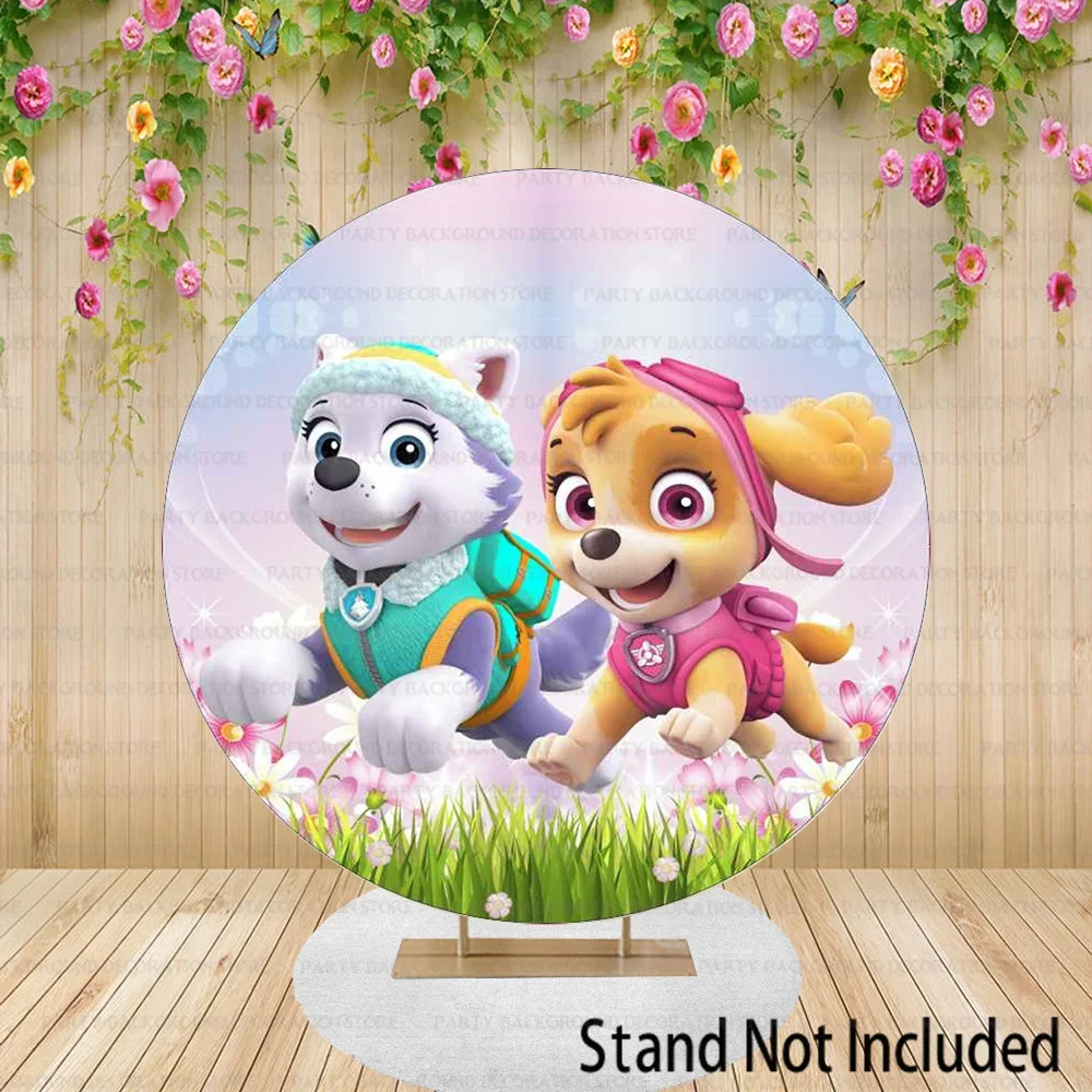 خلفية باو باترول حالمة لحفلة عيد الميلاد ، خلفية استحمام الطفل ، لافتة وردية للفتيات ، كلب ايفرست وسكاي ، دائرية
