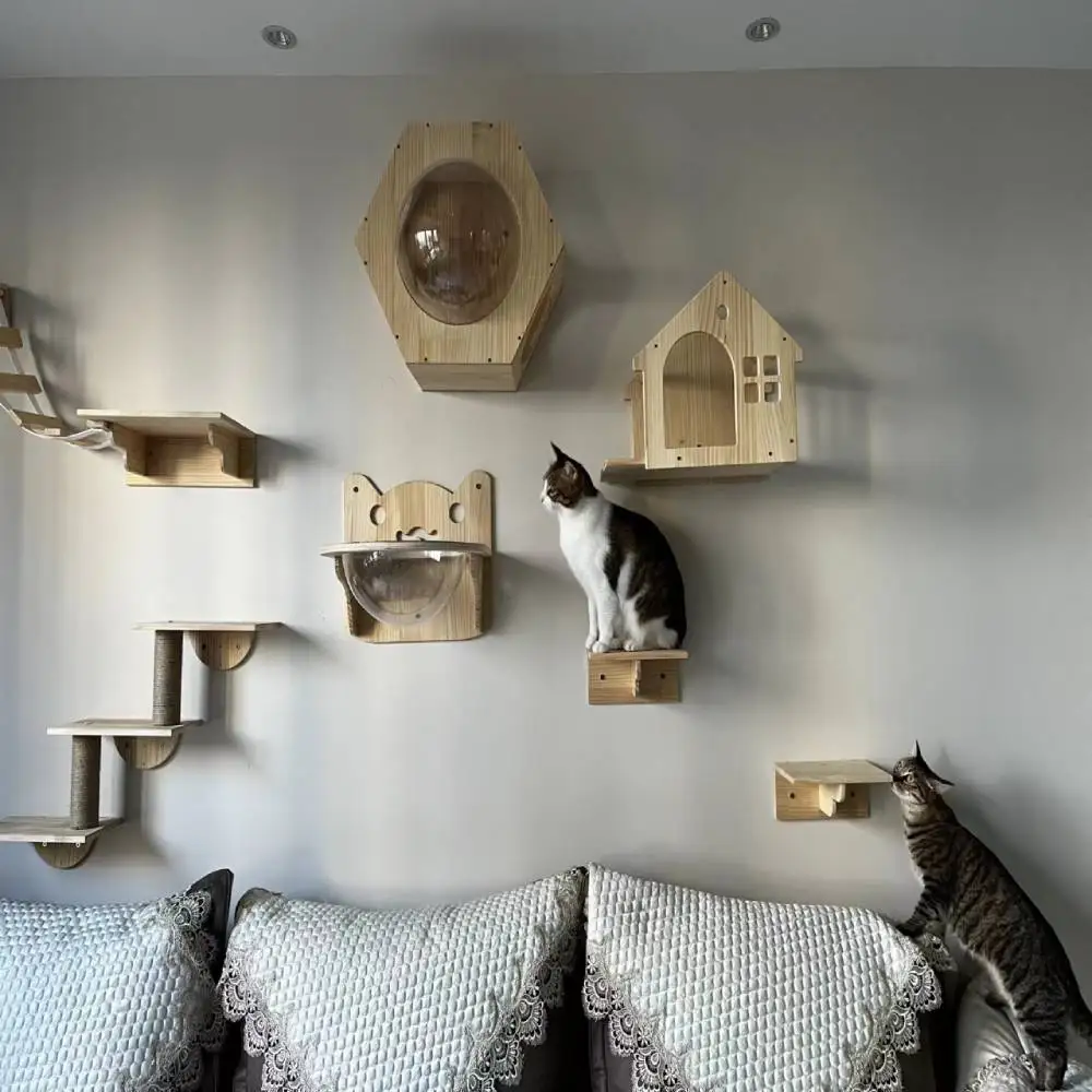 Wall Mounted Solid Wooden Cat Climbing Frame Hammock Scratching Post Shelf with Sisal Jumping Platform Ladder Steps Furniture