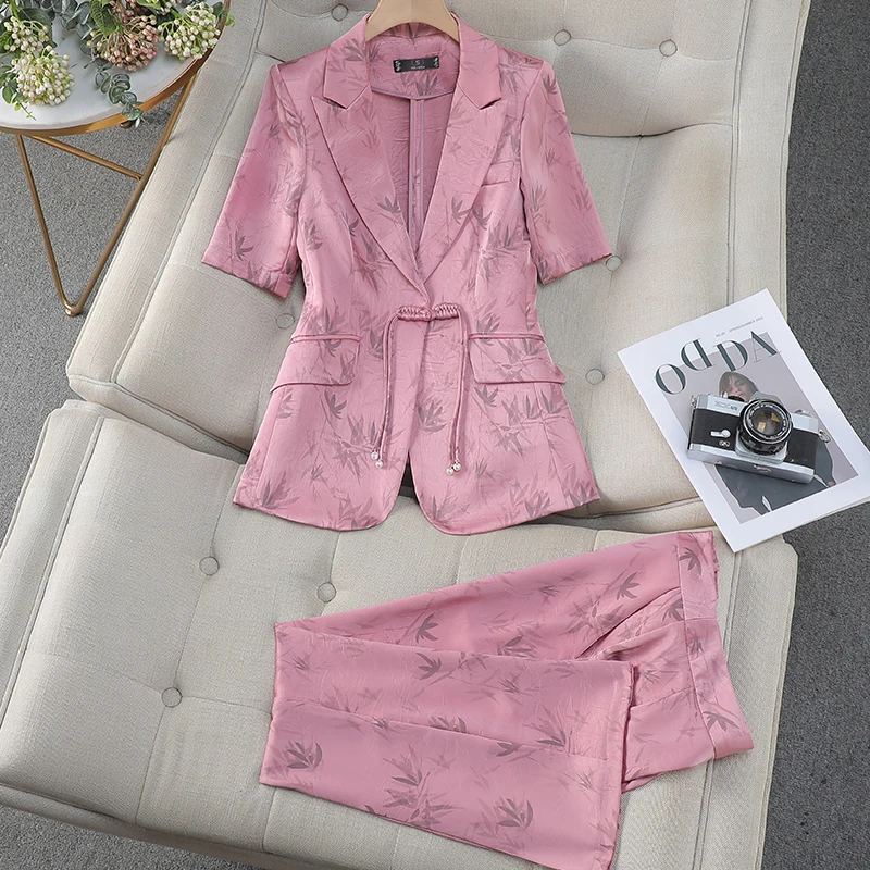 Summer Women Pant Suit Yellow Pink Brown Office Ladies Female Business Work Wear 2 Piece Set Formal Blazer Jacket And Trouser