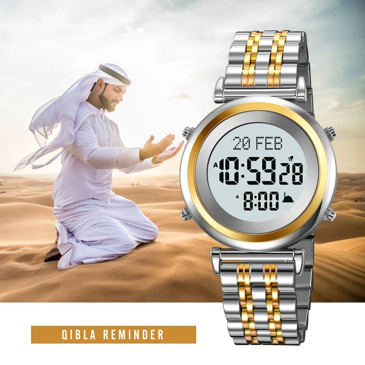 SKMEI 2139 Digital Watch Steel Muslim Azan Mens Back Light Waterproof Hijri Islamic Wristwatch Prayer Qibla Compass Alarm Clock