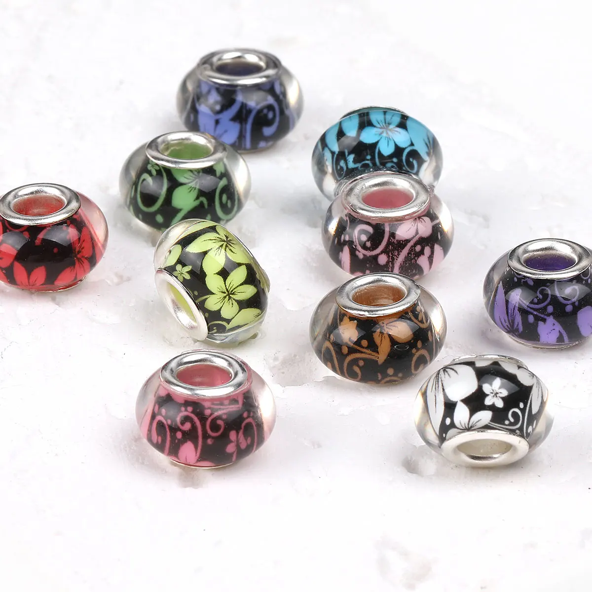 

36pcs/72pcs Beads & Bead Assortments Cute Vibrant Round Acrylic Beads Colorful Leaf Flowers Pattern Large Hole Uniform Size