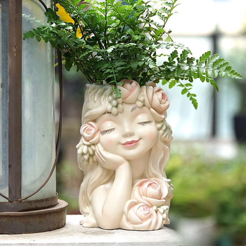 Premium Light Luxury Resin Cute Fairy Head Planter with Roses, Resin Face Flower Pot for Succulents, Indoor Outdoor Garden Decor