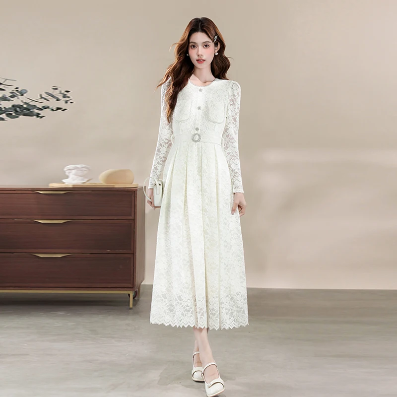 

Spring French High-end Fashion Elegant Evening Gown Women's O-Neck Long-sleeve Lace Chic Long Dress Party Banquet Luxury Gown