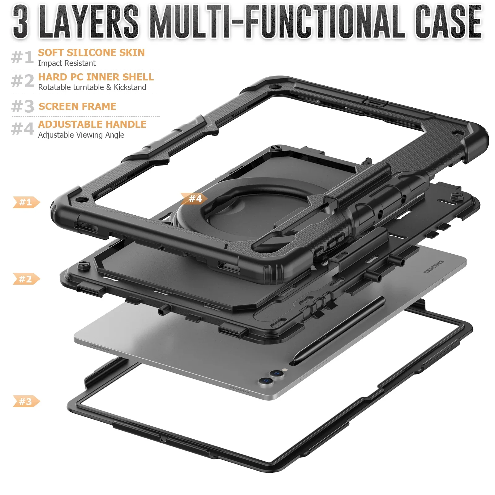 Heavy Protective Case for Samsung Galaxy Tab S8 S9 S10 Ultra X900 X920 X910B 14.6 inch with 360° Rotatable Turntable & Kickstand