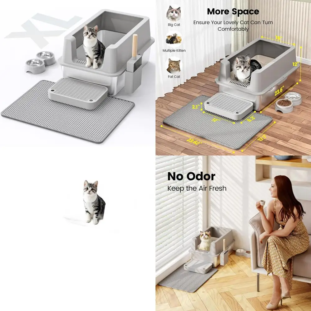 

Очень большой закрытый металлический лоток для кошек с крышкой, высокими бортиками, защитой от протекания, легко чистится, с антипригарным покрытием, в комплекте коврик для наполнителя и миска.