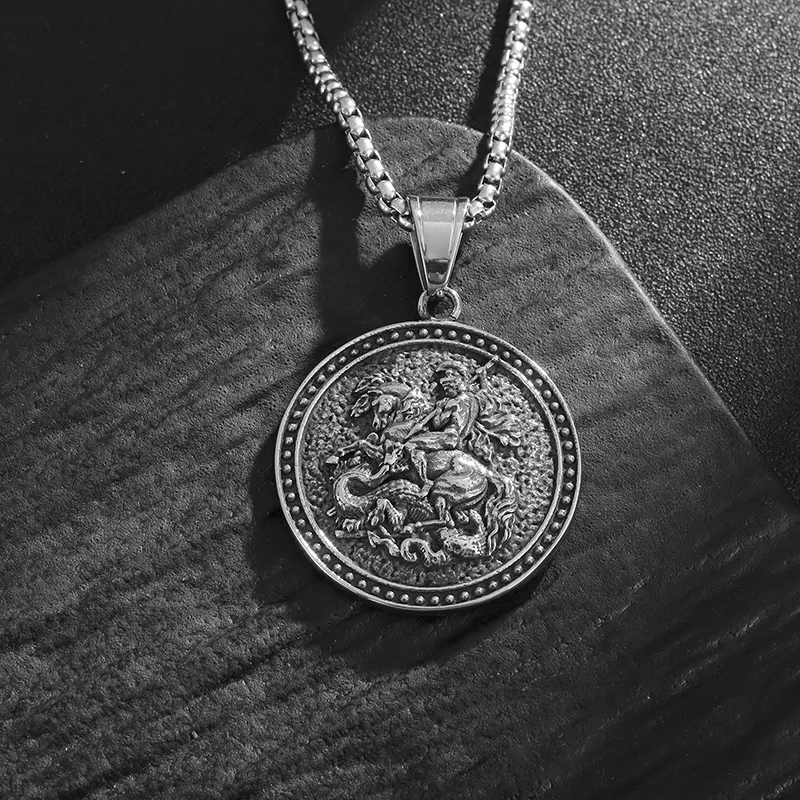 Megin D Stainless Steel Titanium Vintage Hip Hop St George Fighting the Dragon Charm Pendant Collar Chain Necklace for Men Women