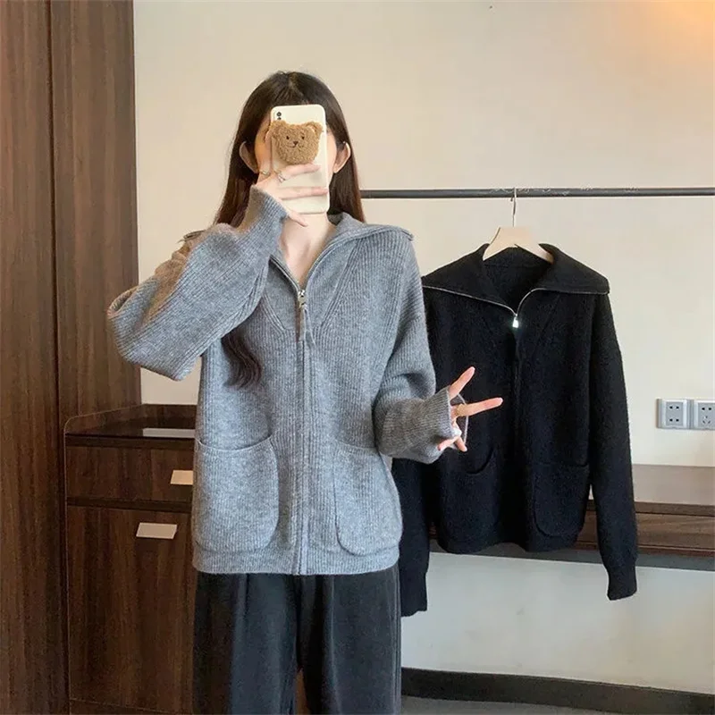 Nuovo cardigan per donna Abbigliamento donna Maglione con cerniera bavero Cappotto lavorato a maglia Cardigan Autunno e inverno nuovo cappotto alla moda allentato