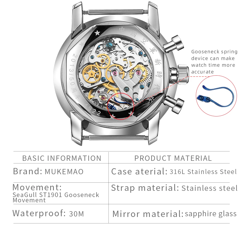 SEAKOSS 1963 Mechanical Watch 42mm Sapphire Glass Stainless Steel Men Chronograph Wristwatch Seagull ST1901 Movement Male Clock