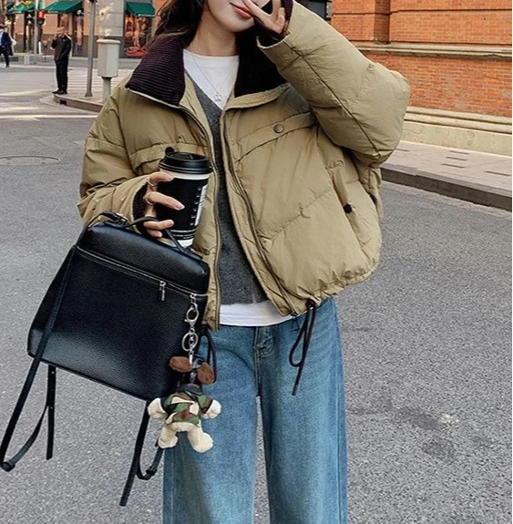 Chaqueta corta de plumón con cuello levantado y franjas de diferente color para mujer en invierno 2025, nueva chaqueta de pan cálida gruesa y suelta