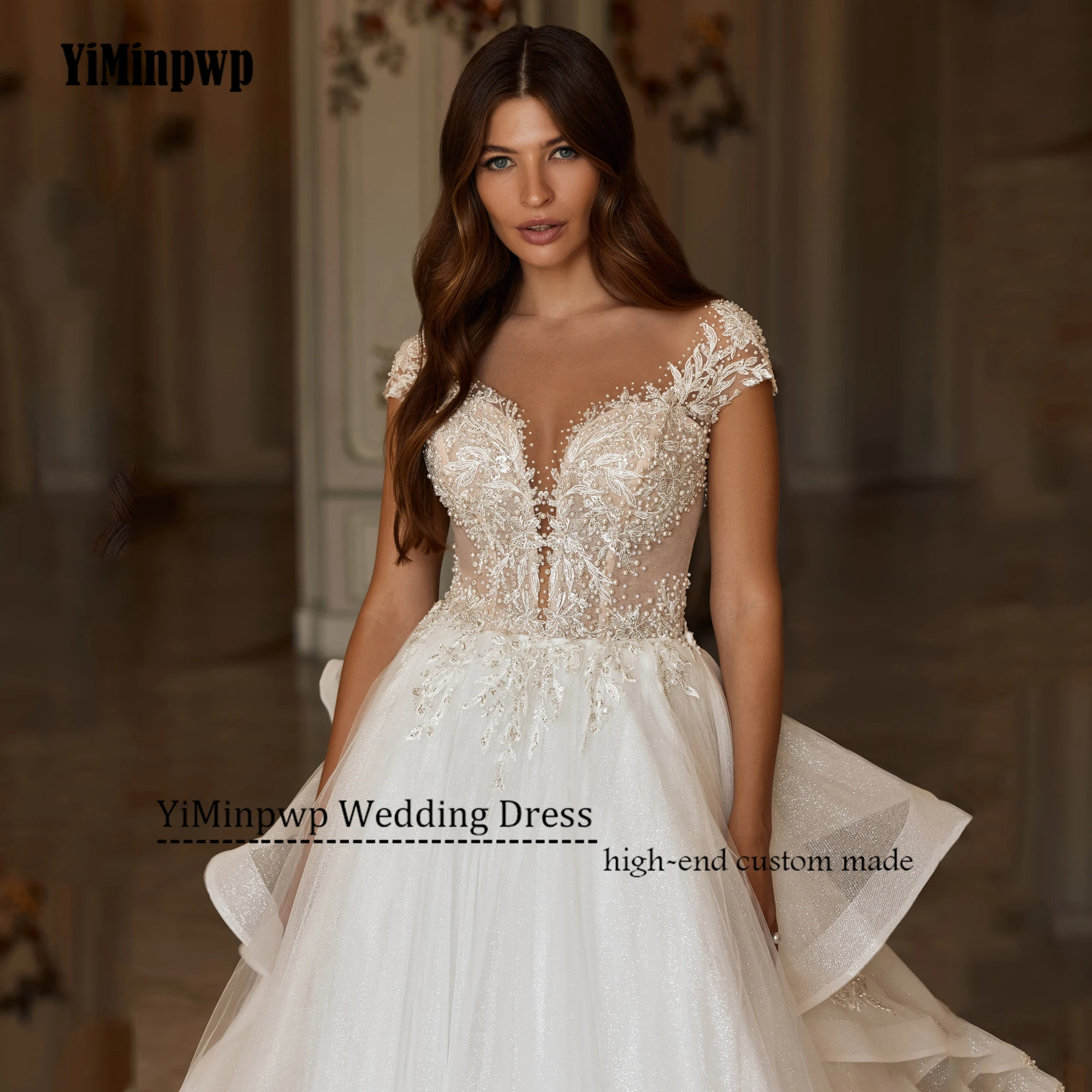 Sweetheart Shiny Wedding Dresses for Bride Lace Appliques Beadings Button Back A-Line Glitter Tulle Short Sleeve Customised