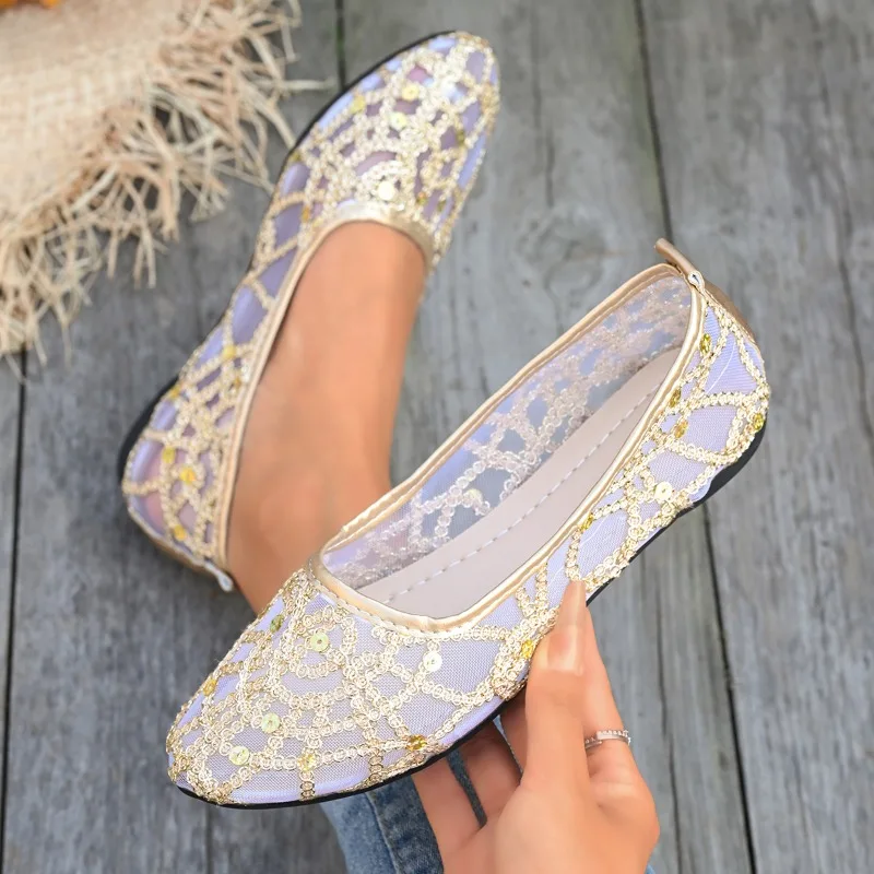 2026 Sequin Decor Mesh Women's Flats and Loafers Fashion Pointed Toe Casual Breathable Lightweight Women Shoe  