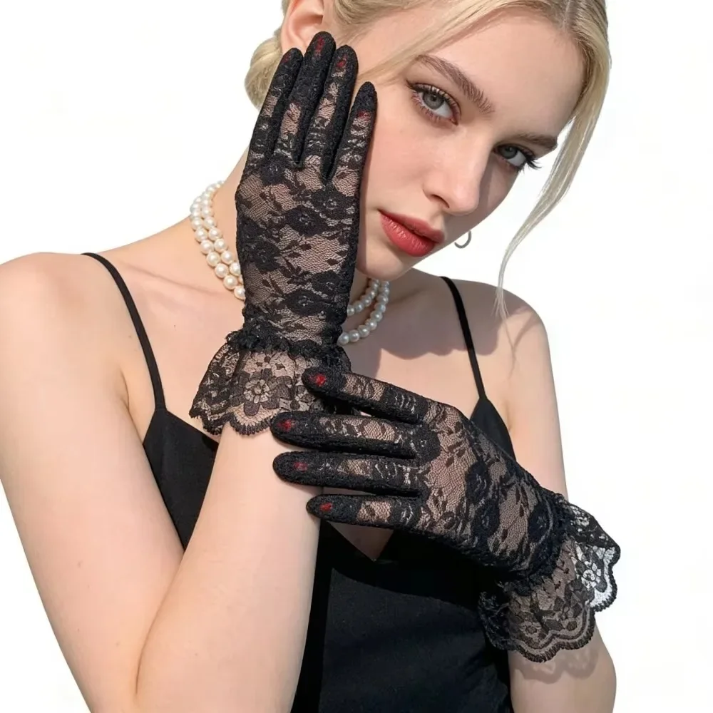 Women Sheer Short Lace Gloves Derby Tea Party Wrist Length Floral Gloves for Dinner Fancy Costume Accessories Gloves