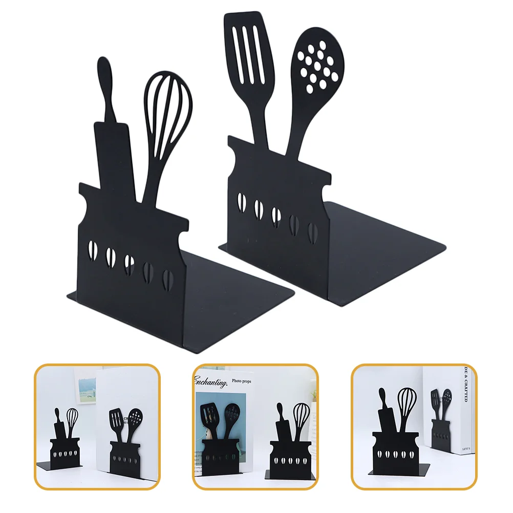 

2 Pcs Books Kitchen Bookend Holders Desktop Organizer Metal Ends for Shelves Black Bookends