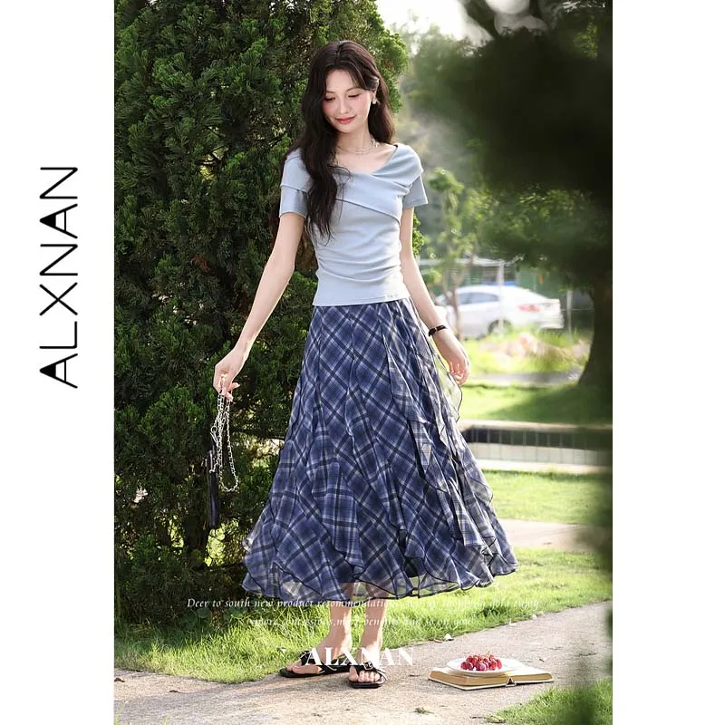 ALXNAN Retro Blue Plaid Skirt Women Summer New High Waist Ruffled Irregular Slim A-line Casual Long Skirt Ladies Bottom L66017