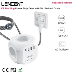 LENCENT FR Flat Plug Power Strip Cube with 4 AC Outlets+ USB-A +Type C 2M/3M Braided Cable Multi Socket with Switch for Home