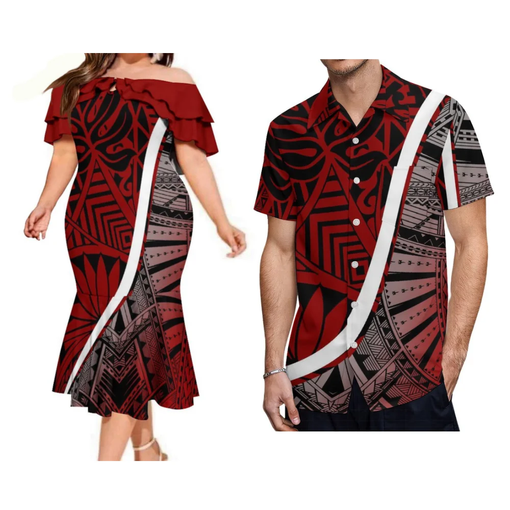 فستان أنيق بكتف واحد على شكل ذيل السمكة للنساء، طقم زوجين مخصص على طراز جزيرة البولينيزية قميص بأزرار للرجال