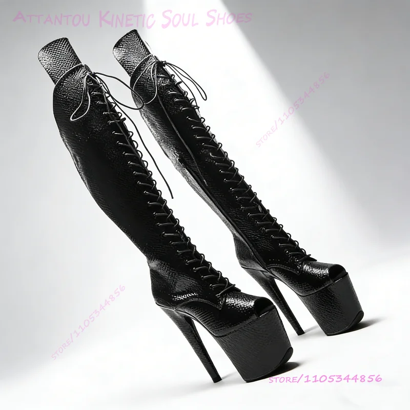 

Solid Black Snakeskin Striped Knee Boot 20cm 8inch Dark Red Matte Leather Pole Dance Platform Stiletto Heel Cross Strap Zip Shoe