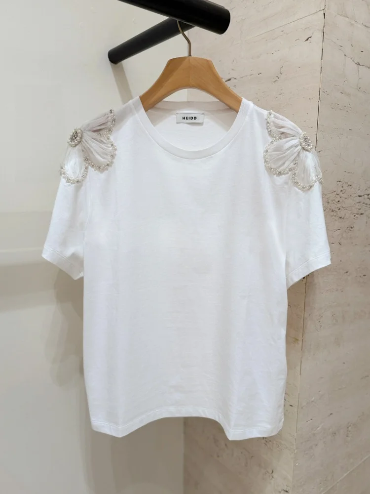 

Ele Hollow out Embroidery round Ne ort Sve T irt Summer Vaion Sle Women's Loose Fit Cotton Top