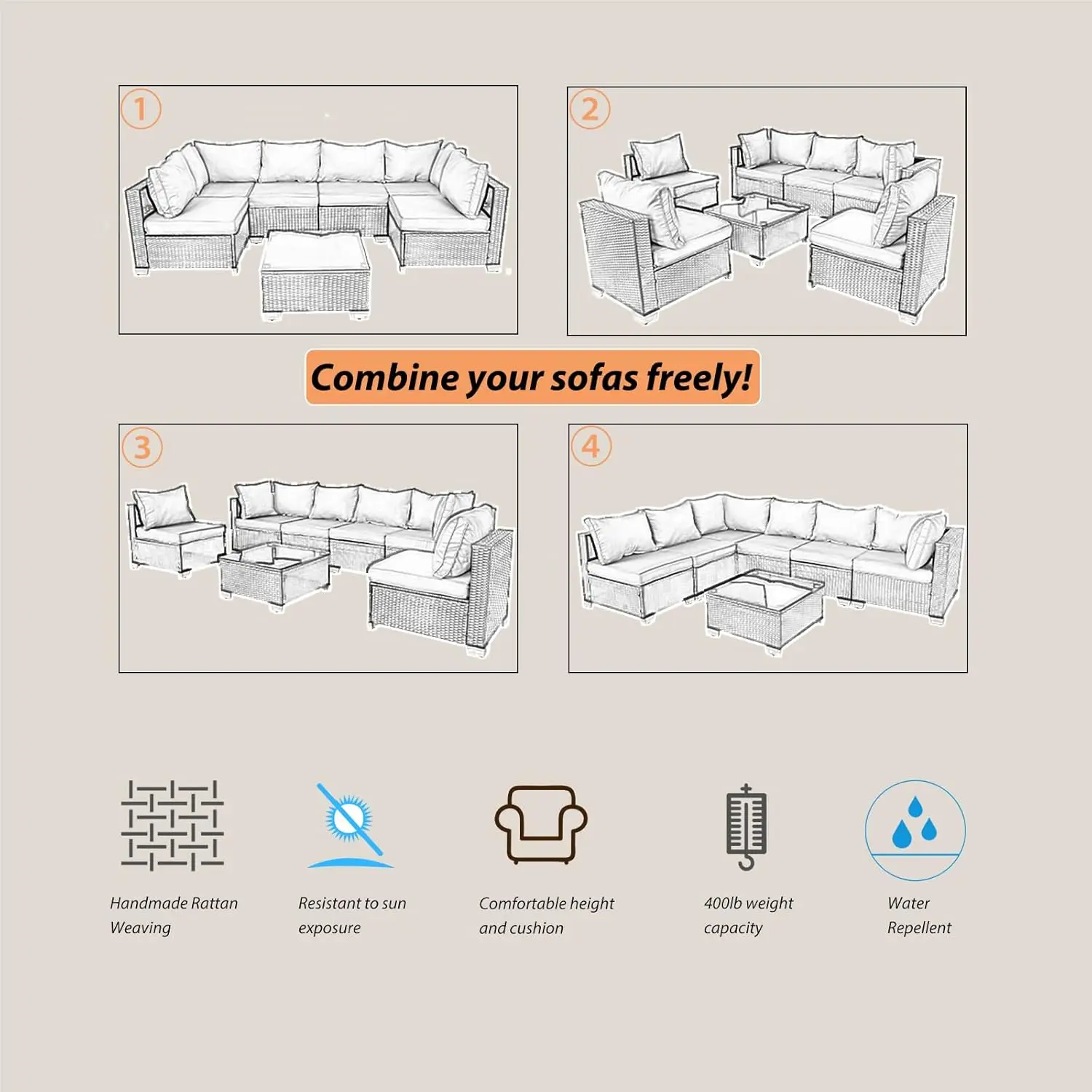 Terrasmeubilair Sets 7 Stuks, Buitensectionele Sets Conversatie Voor Alle Weersomstandigheden Terrasbank Met Kussens En Glazen Salontafel