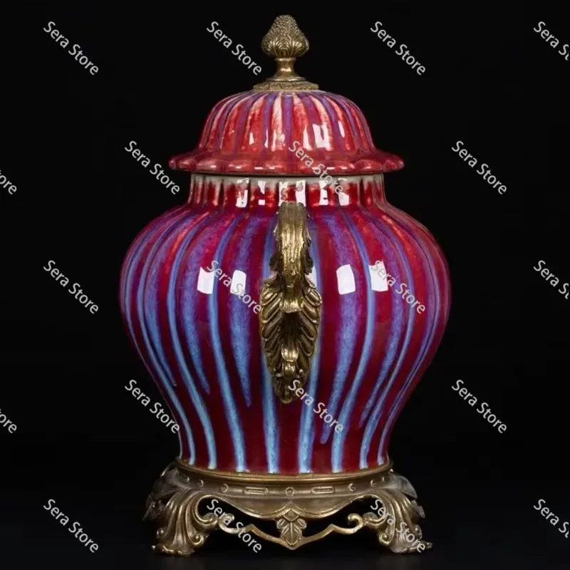 Crystal Glaze Red Next Short Fat Ginger Jar Antique Chinese Bronze Wrapped Ceramic Vase