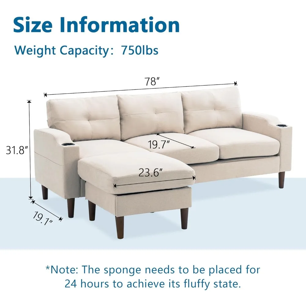 L-Shape Modern Sofa, Sectional Couch with Built-in USB Port and Convenient Cup Holder,Couch for Living Room,Beige