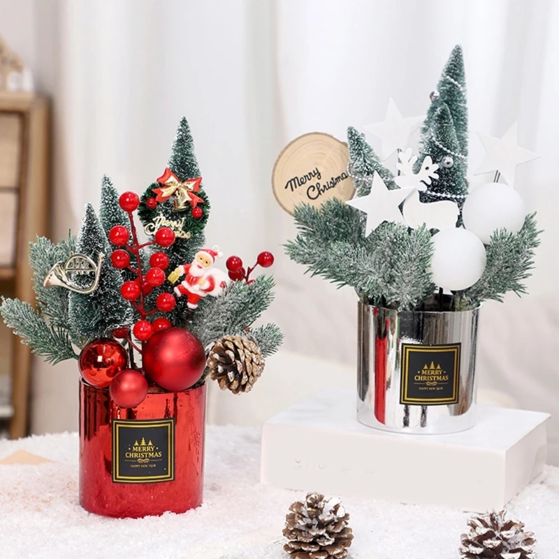 SZWA Festival Mini Christmas Tree with Pine Cones and Berries Balls Ornament Holiday Artificial Small Potted Plant Decoration