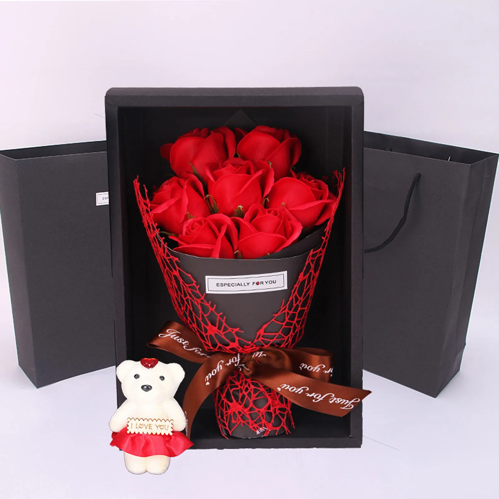 7 Artificial Roses Bouquet Gift Box With Bear Rose Soap Flower Valentine's Day Romantic Gift Box Girlfriend Gift Romantic Gifts