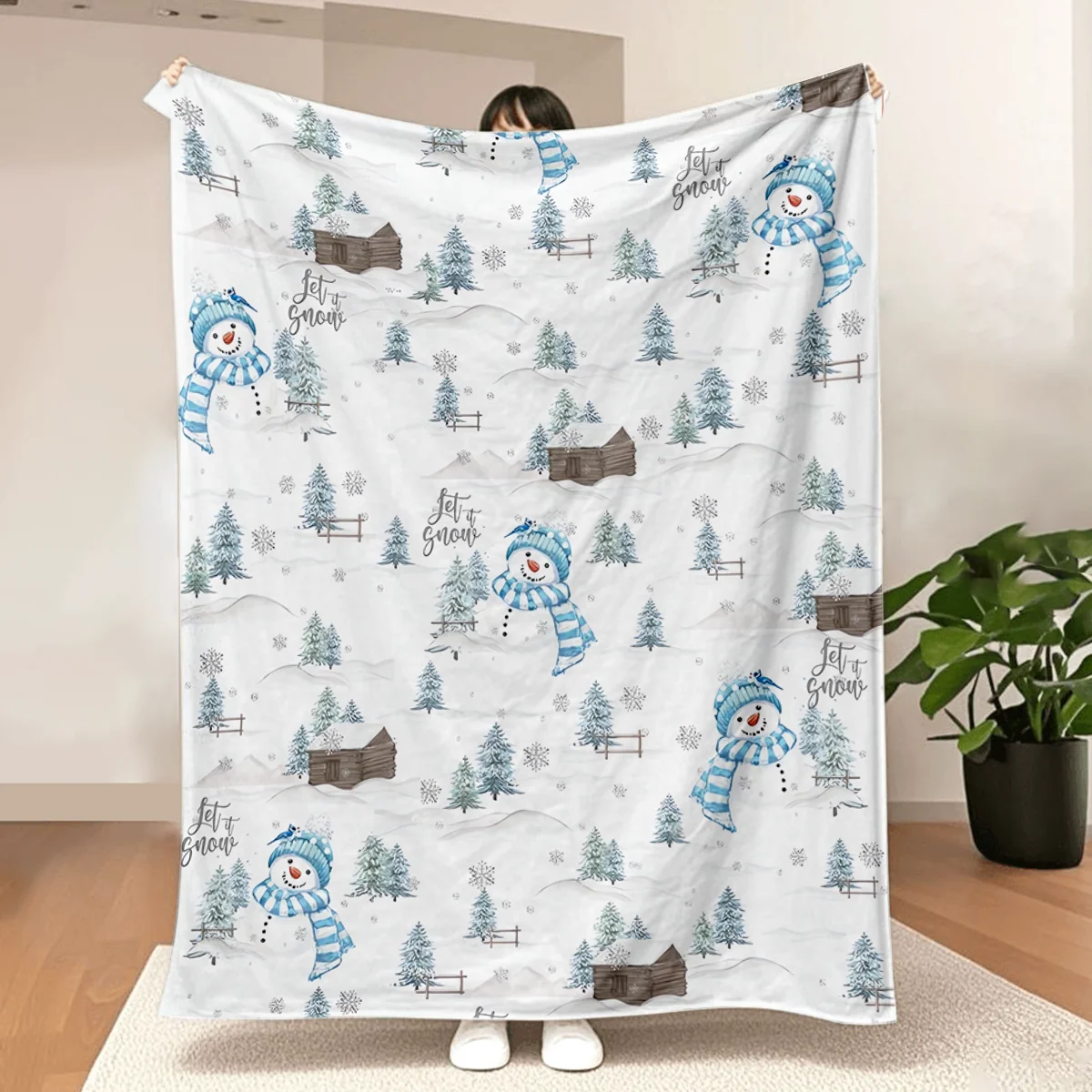 Weihnachts-Flanelldecke, Überwurf, blauer Schneemann, Kiefer, Schnee, weicher, flauschiger Plüsch, gemütliche Fleecedecken für Couch, Sofa, Bett, Faulenzen
