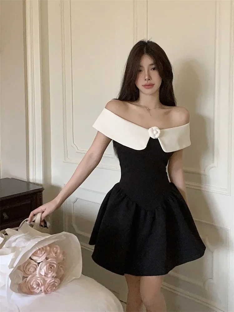 

Contrast Color Mini Dress Slash Neck Korean Fashion Vintage A-line Women Dresses Spring Summer Vestidos Para Mujer