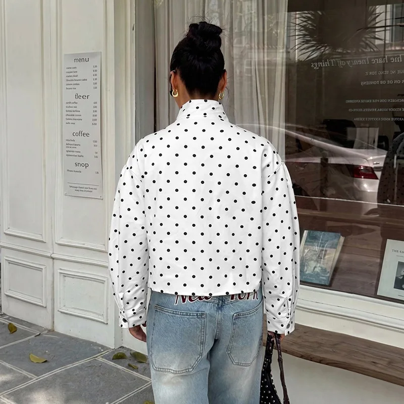 Women Polka Dot Stand Collar Jacket Autumn Winter Loose Long‑Sleeve Snap Button Casual Short Outerwear