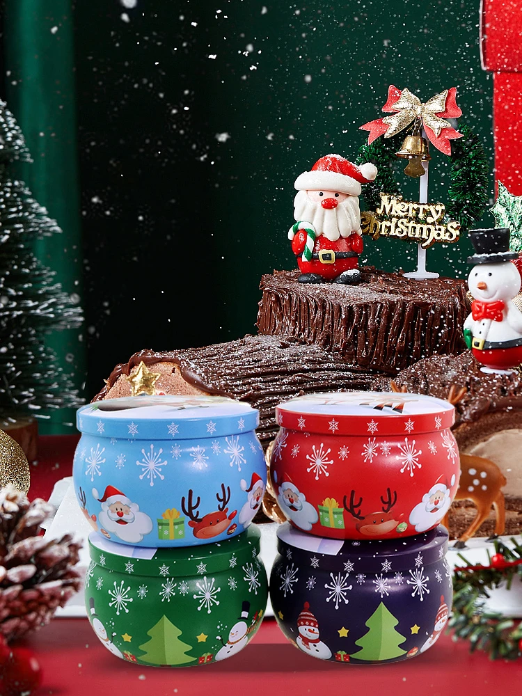 Christmas Candy Can Tin Round Candle Can Chocolate Small Iron Box Creative Biscuit Candy Can Christmas Decoration Candle Can