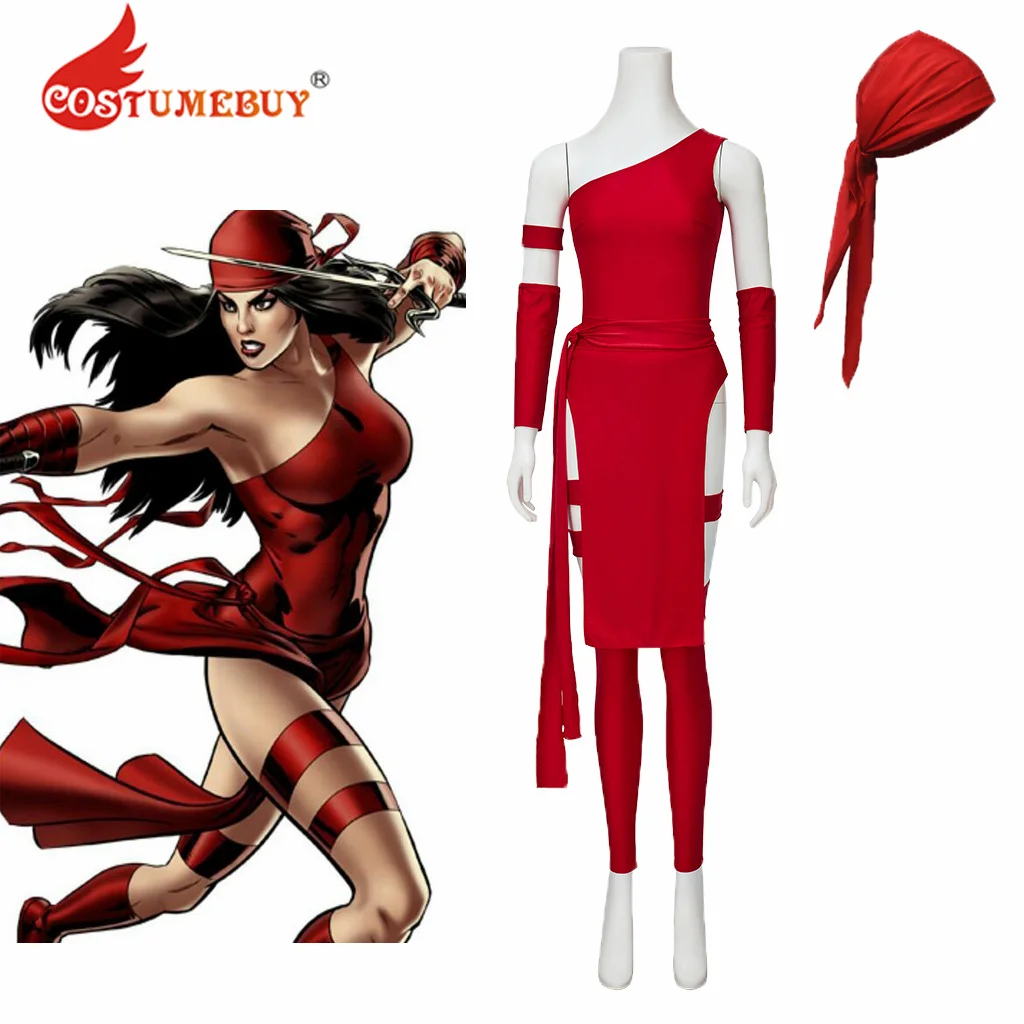 

Superhero Elektra Natchios Cosplay Costume Elektra Cosplay Women Sexy Red Battle Suit with Headgear Halloween Costume