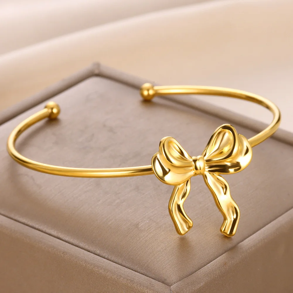 Bowknot Bangle Bracelet for Women Gold Color Stainless Steel Geometric Cuff Bangles Fashion Party Aesthetic Jewelry Gift