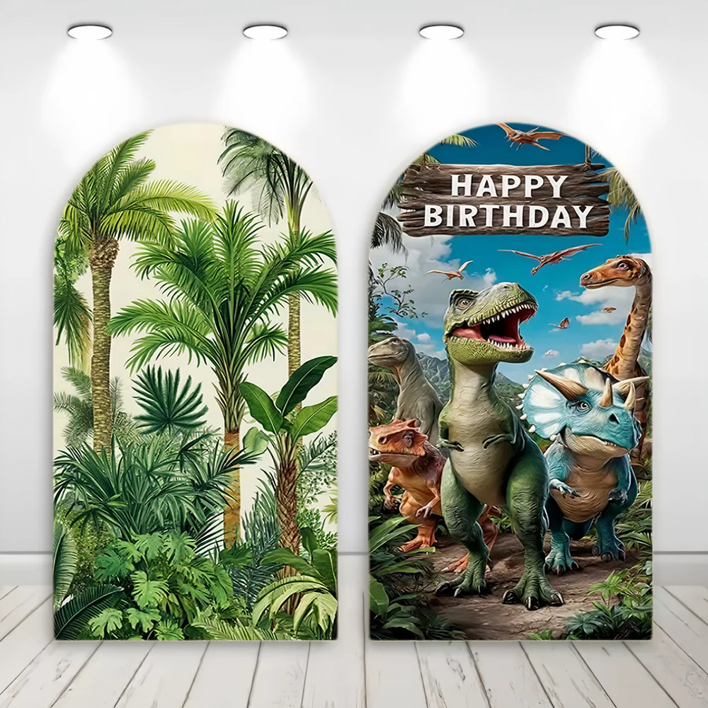 

Jungle Dinosaur Happy Birthday Arch Backdrop Cover Tropical Forest Rex Boy Cake Party Decor Portrait Photography Background