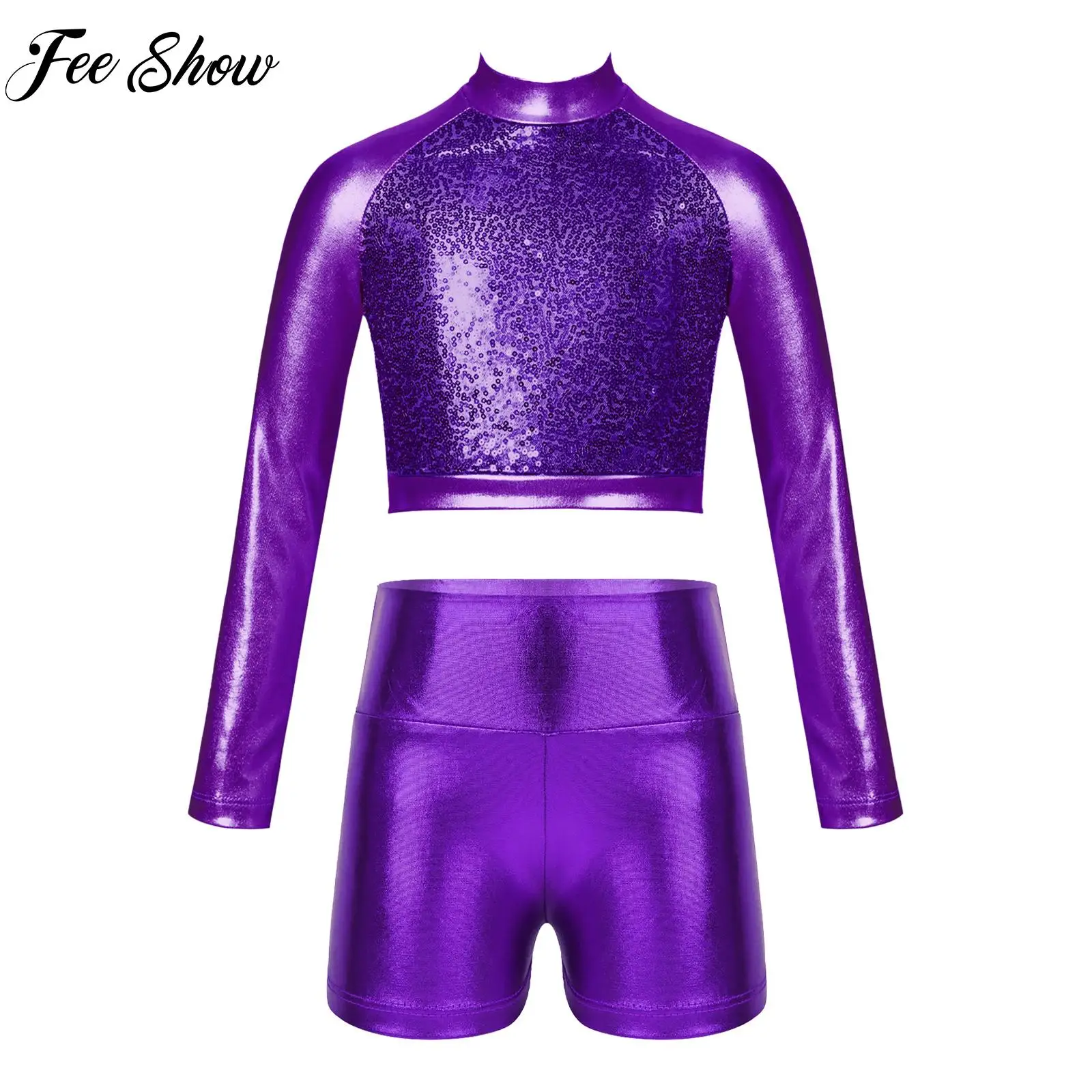 

Kids Girls Glossy Metallic Dance Outfit Long Sleeve Sequin Crop Top And High Waist Dance Shorts Activewear Suit