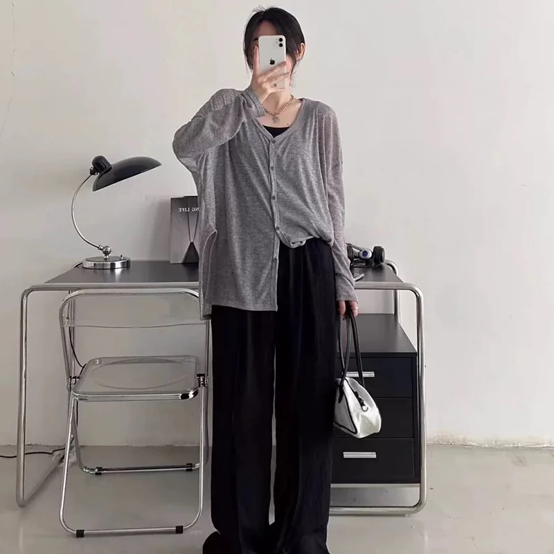 Soft Thin Lightweight Long Sleeve Cardigan Female V Neck Button Design Split Hem Loose Fit Casual All Match Outer Shirts