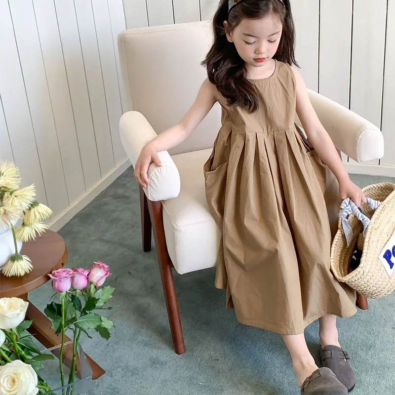 Girl\'s Temperament Sleeveless Princess Dress Summer Children Large Skirt Cotton Vest Dress Solid Color Pocket Fashionable Dress