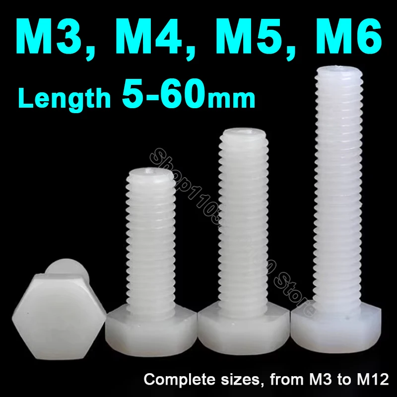 

10-200Pcs White Nylon External Hex Head Screws Plastic Hexagon Bolts M3 M4 M5 M6 for Heat/ Electricity Insulation USE L 5-60mm