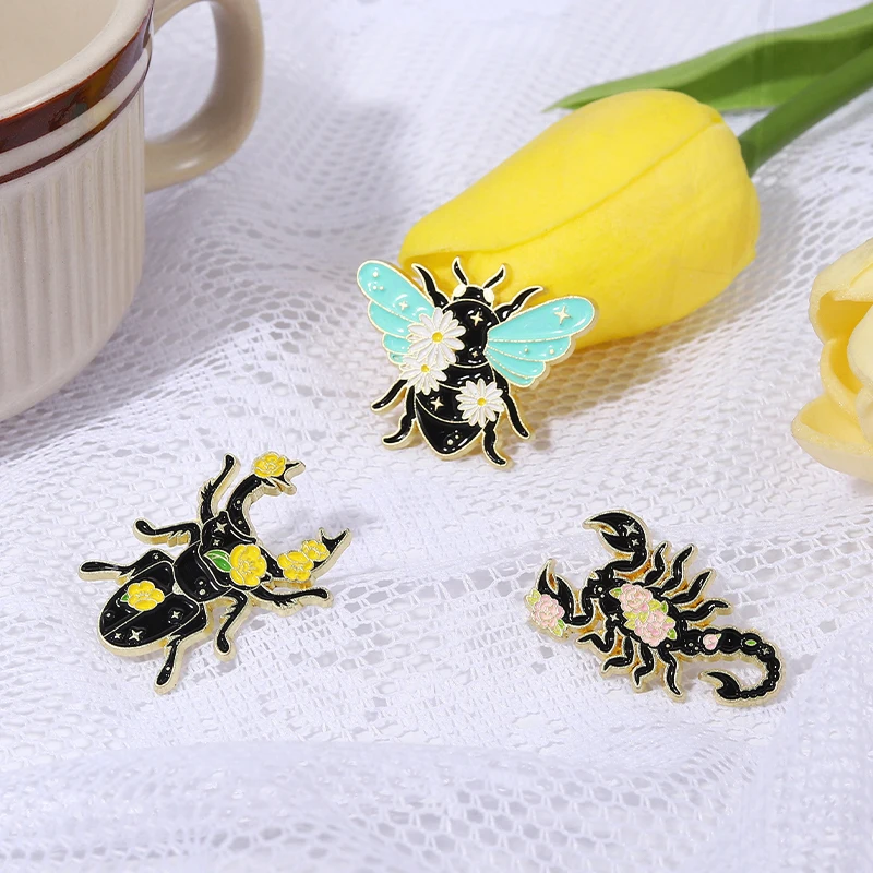 Scorpion Pines Lapel Badges Funny Jewelry Gift for Kids Friends Floral Insects Enamel  Brooch Custom Nature Moth Cicada