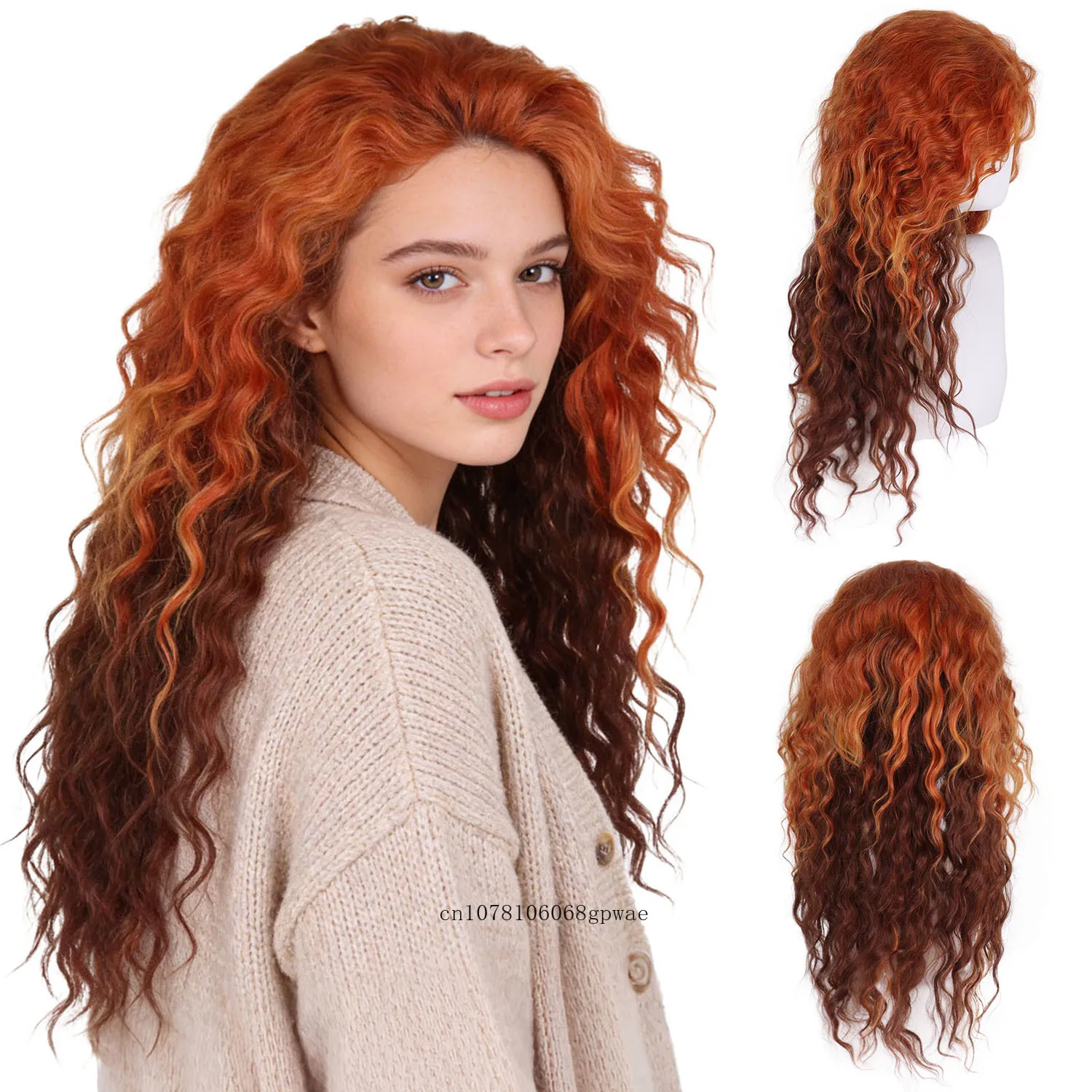 Premium Heat Resistant Synthetic Red Copper Wig Vibrant Ombre Long Curly Wig Gradient Color Big Wave Wig for Women Daily Party