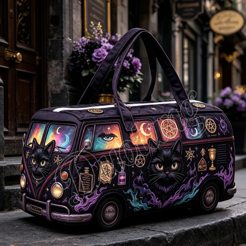 Vintage Bus Shaped Handbag for Travel Witchcraft Magic Black Cat Women Duffle Totes Shoes Holder Large Capacity Shoulder Bags