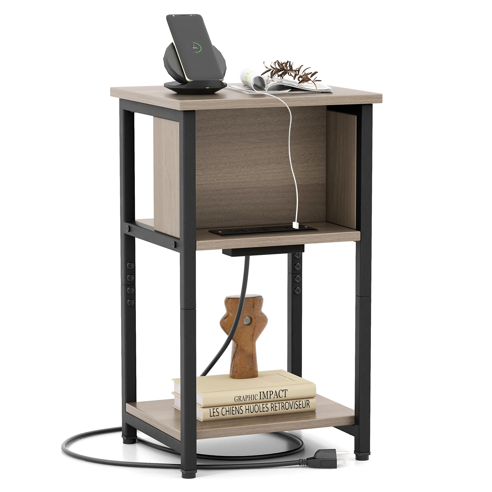 

Nightstand 3-Tier End Table with Charging Station USB Ports & Power Outlets