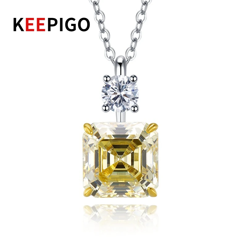 

KEEPIGO Real S925 Sterling Silver 10*10mm Yellow High Carbon Diamond Simple Square Pendant Necklace Women's Fashion Fine Jewelry