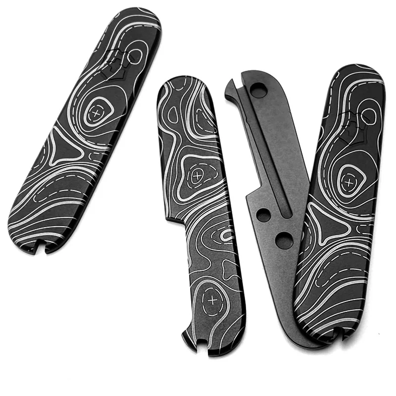 1Pair CNC Titanium Made Contour Pattern Knife Handle Patches Scales For 91MM Victorinox Swiss Army Knives DIY Making Accessories