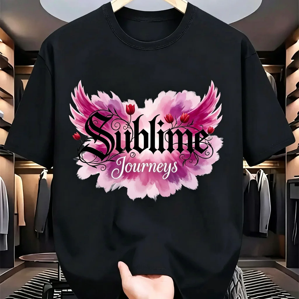 

Men's Black Cotton T-Shirt Sublime Journeys Pink Angel Wings Print Casual Streetwear O-Neck Short Sleeve Gothic Tees