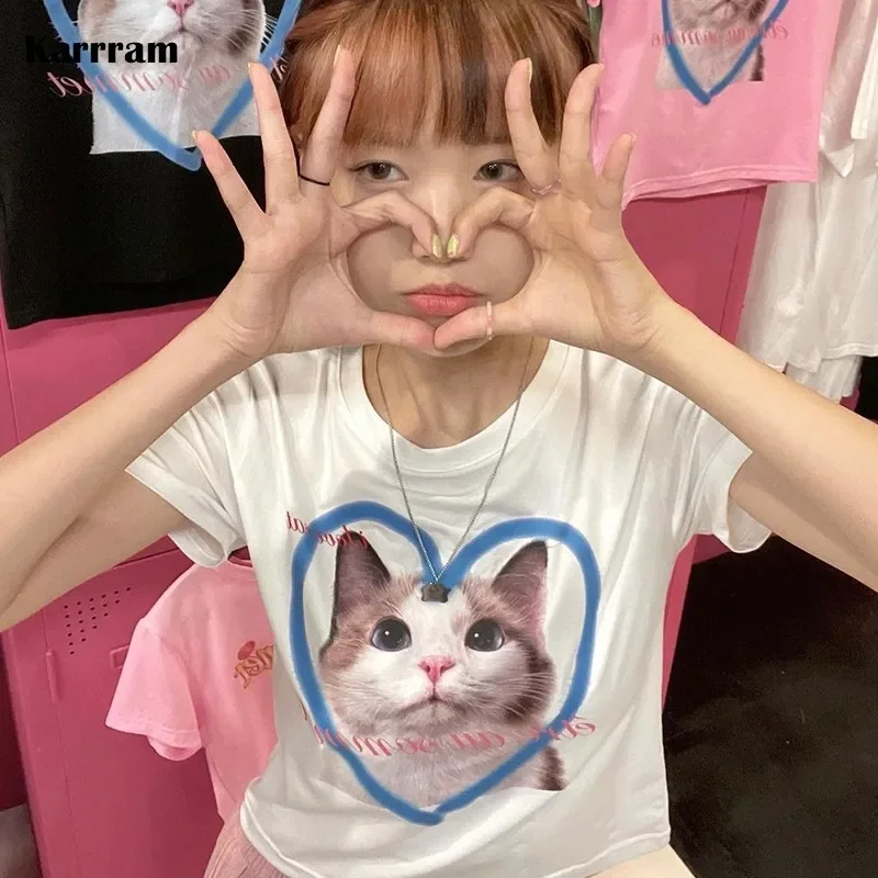 Karrram Y2k Aesthetics Crop Top Korean Fashion Kitten Print T-Shirt Kpop Designer Clothes Kawaii Cat Short Sleeve Tshirt Sweet