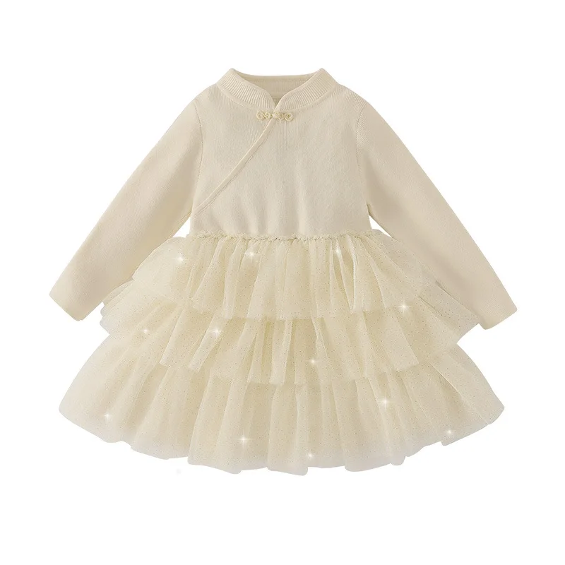 فستان بناتي كبير للأطفال للخريف والشتاء فستان الأميرة على الطراز الصيني فستان تول أنيق للأطفال فستان أحمر راقي مع Fle #5