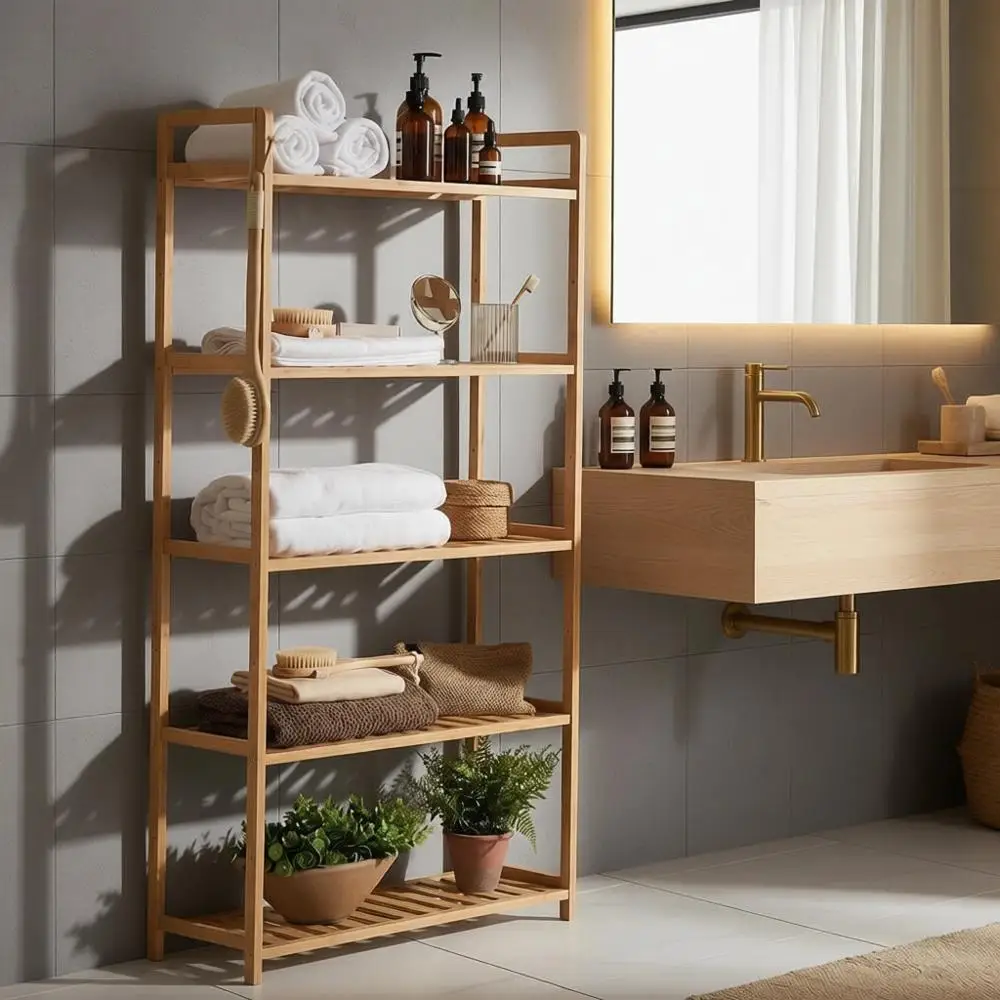 

5-ярусная деревянная полка-органайзер для ванной комнаты с регулируемыми полками, отдельно стоящий стеллаж для дома и кухни