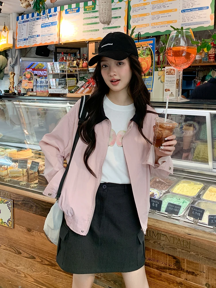 

Mixd Collar Color Blo ort Jaet Women's Casual Sle Pink Outerwear Spring New Arrival Cute Small Size Top